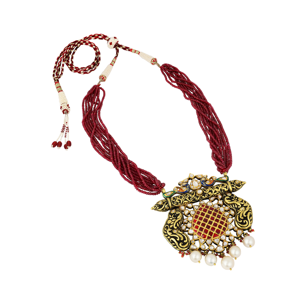 Partash Gold Necklace with Polki, Ruby Beads, and Peacock Motif
